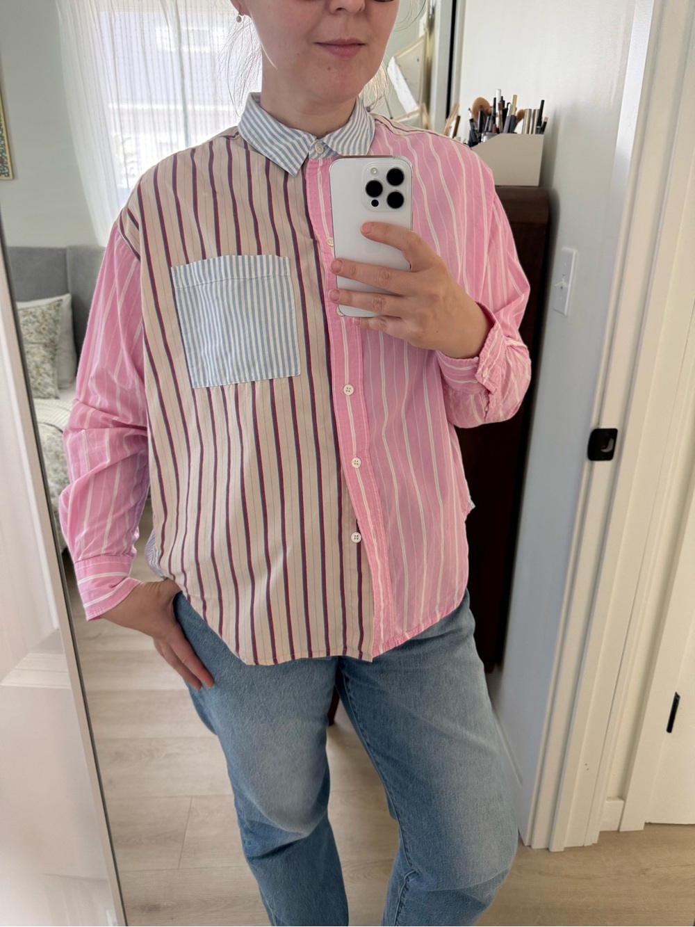Essentiel Antwerp Striped Patchwork Button-Up Shirt size L - Picture 10 of 11
